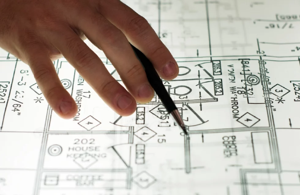 Symbolbild Bauplanung im Krankenhaus: Hand mit Stift auf Bauplan