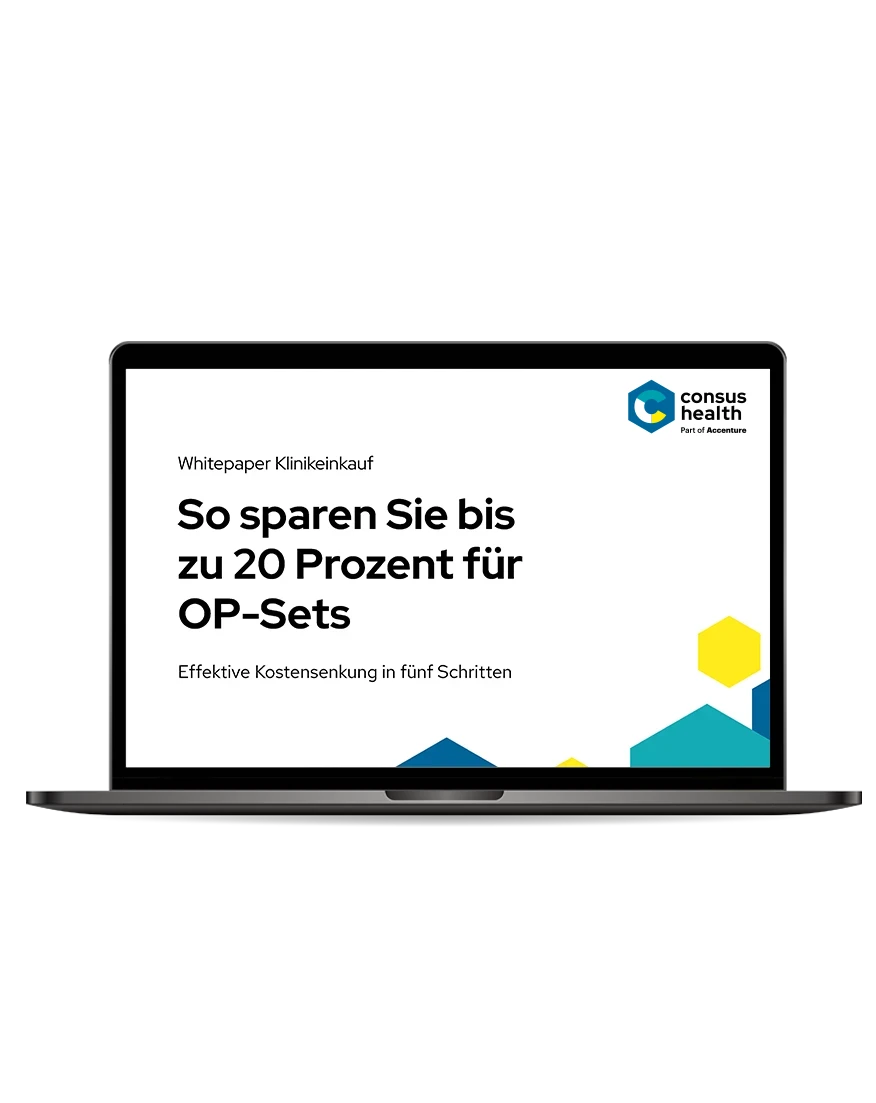 ch_Whitepaper_Einkauf_Optimierung_OP-Sets_Unterseite-Teaser-oben Laptop auf dem das Whitepaper Einkauf »So sparen Sie bis zu 20 Prozent für OP-Sets« geöffnet ist.