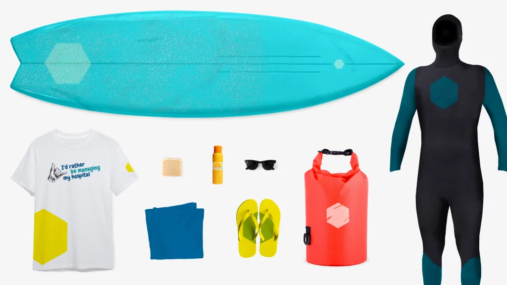 Surf-Utensilien und consus-Logo