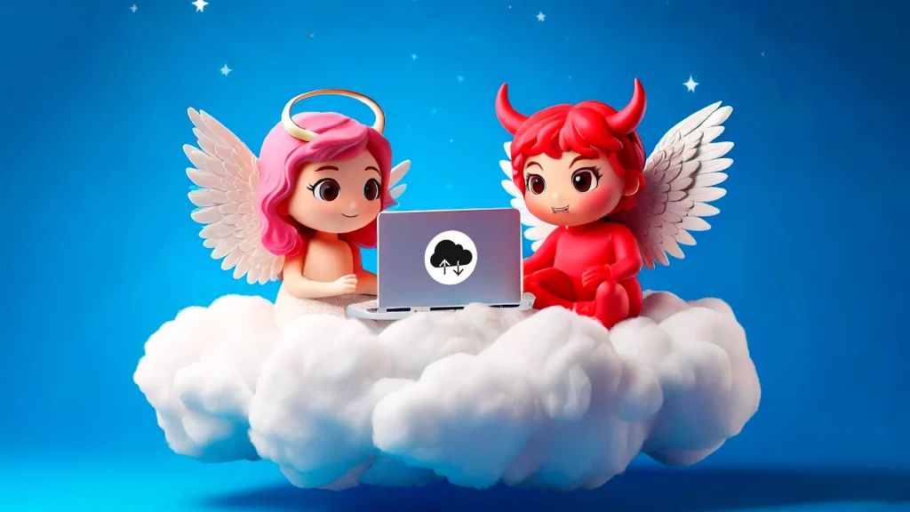 Ein Engel und ein Teufel sitzen auf einer Wolke und schauen in einen Laptop.