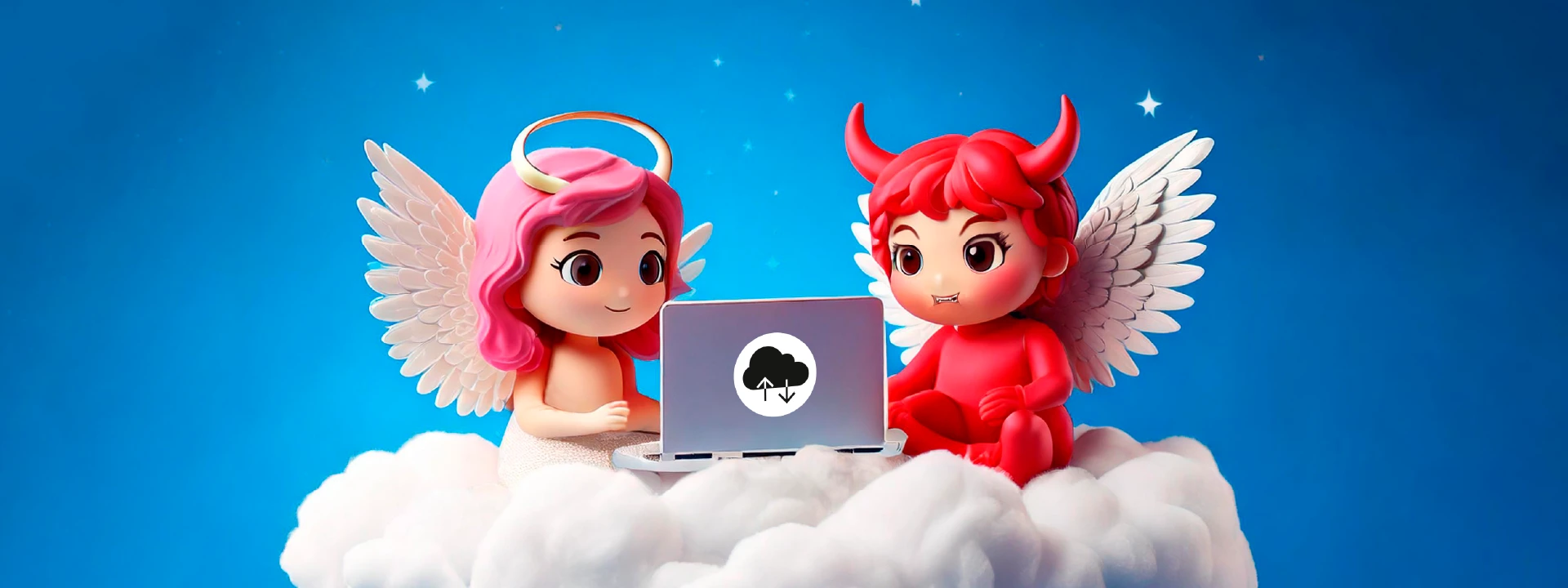 Cloud - Fluch oder Segen? Ein Engel und ein Teufel sitzen auf einer Wolke und schauen in einen Laptop.