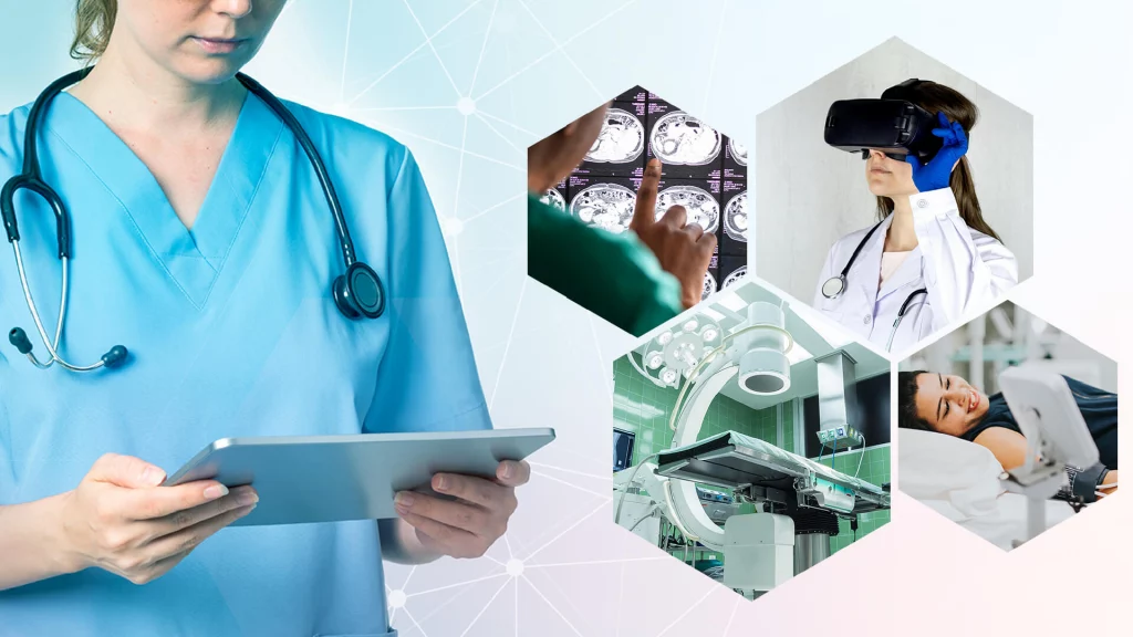 Collage als Symbolbild zum Thema KI im Gesundheitswesen: Ärztin mit Tablet, eine andere mit VR-Brille, dazu technische Gegenstände und medizinische Geräte in Krankenhausumgebung