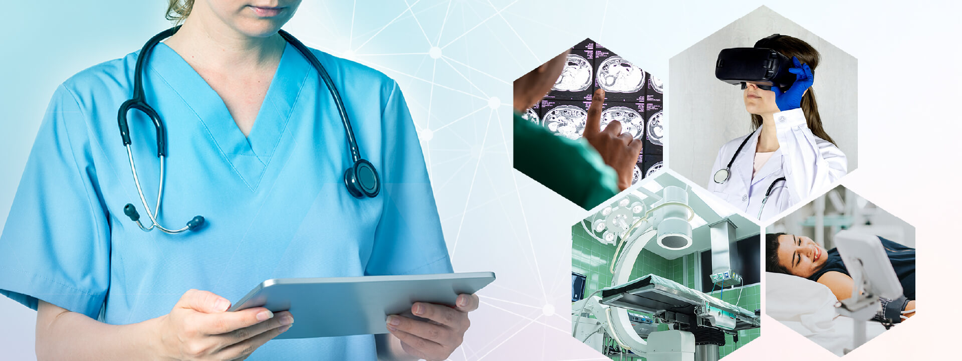 Header_2503_KI Collage als Symbolbild zum Thema KI im Gesundheitswesen: Ärztin mit Tablet, eine andere mit VR-Brille, dazu technische Gegenstände und medizinische Geräte in Krankenhausumgebung